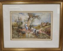 After Miles Birkett Foster Children Playing signed with monogram, watercolour, 19.5cm x 28.5cm