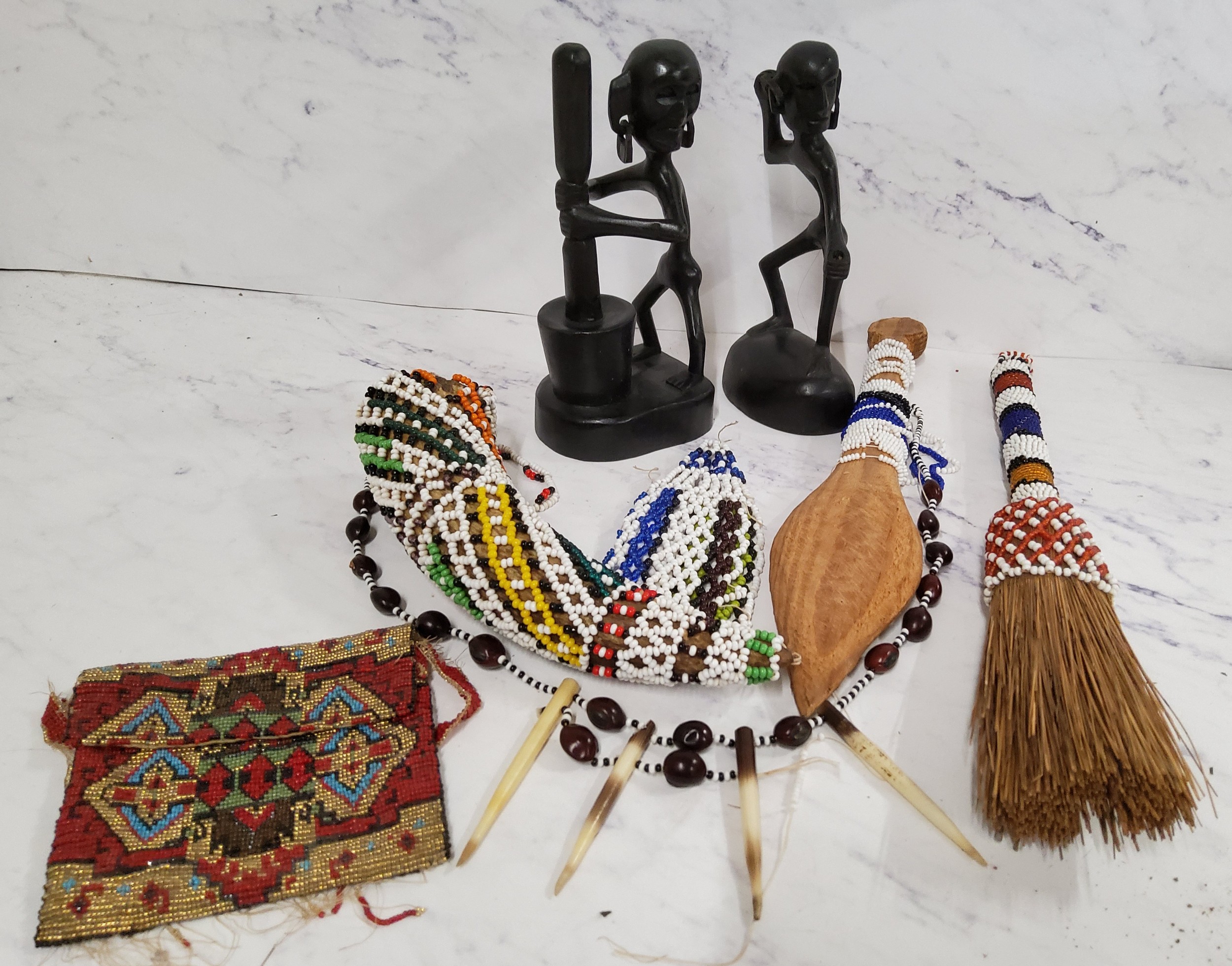 African Art - ebonised figures;  beadwork brush, horn and and spear;  a porcupine and bead necklace; - Image 2 of 2