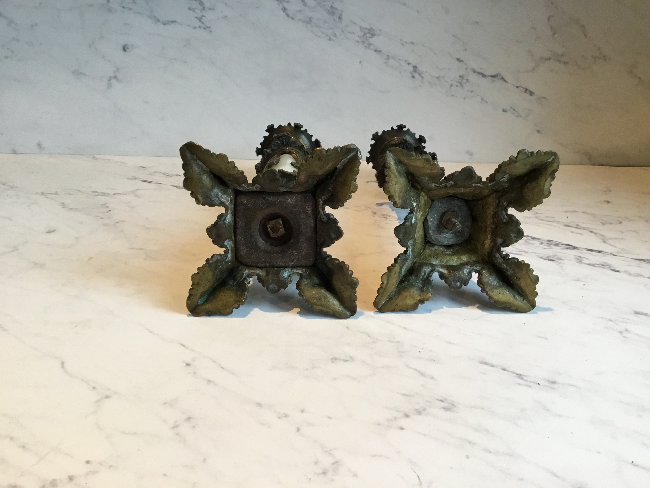 A pair of 19th century French bronze and opaque glass candlesticks, foliate cast sconces, white - Image 3 of 4