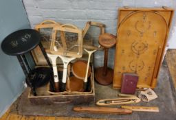 A Chad Valley Bagatelle board;  a Caravelle tennis racket; another, Dunlop;  an early 20th century