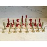 A 19th century bone Barley Corn pattern chess set, each piece 4cm high, sliding case