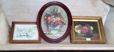 L B Harrison, Vase of Summer Flowers, oil on canvas, oval, 34cm x 25cm;  another, J E Busnip,