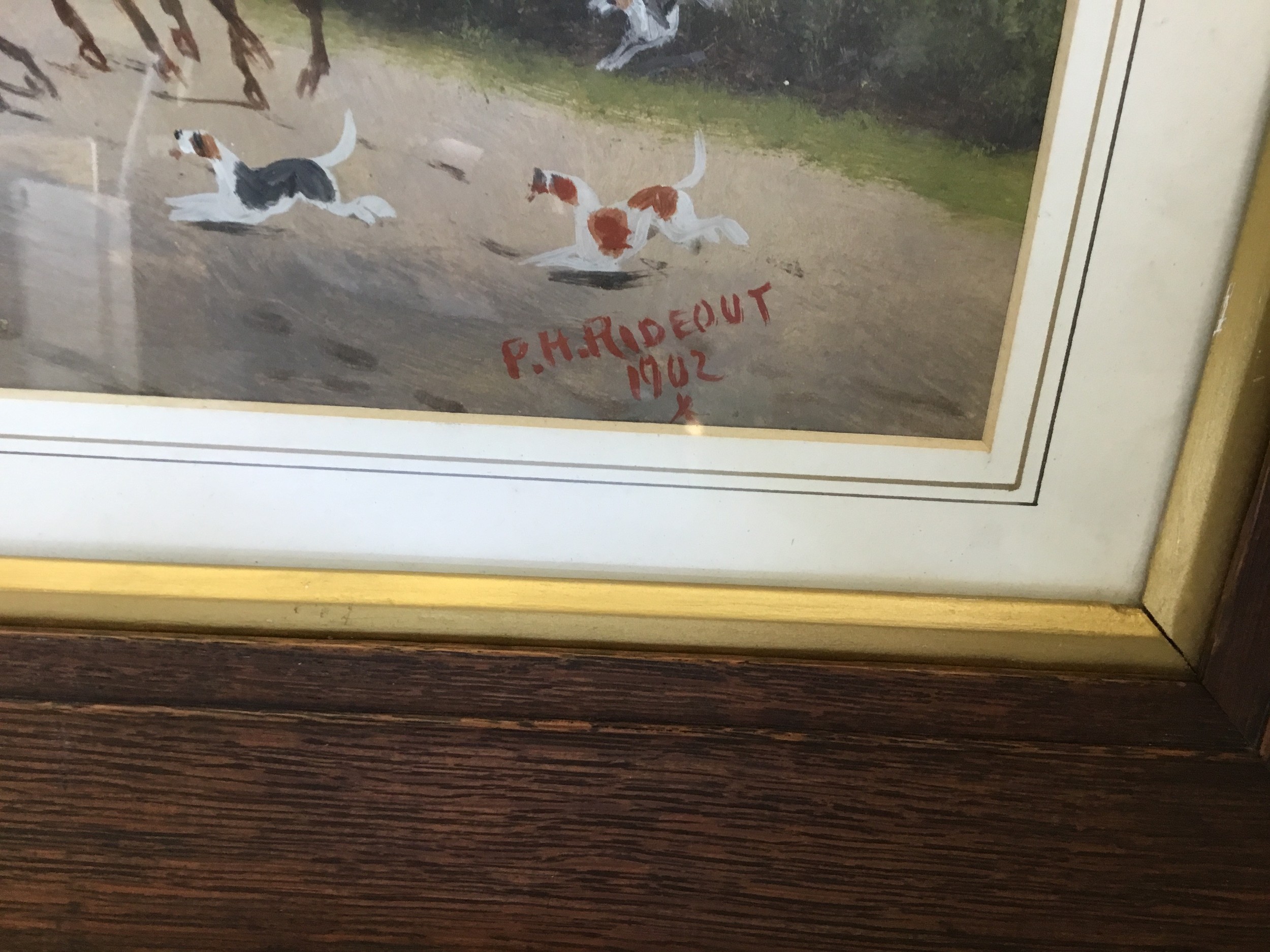 Philip H. Rideout, Coach and Four and Unstoppable hounds, signed, dated 1902, gouache, 19cm x 38.5cm - Image 2 of 5