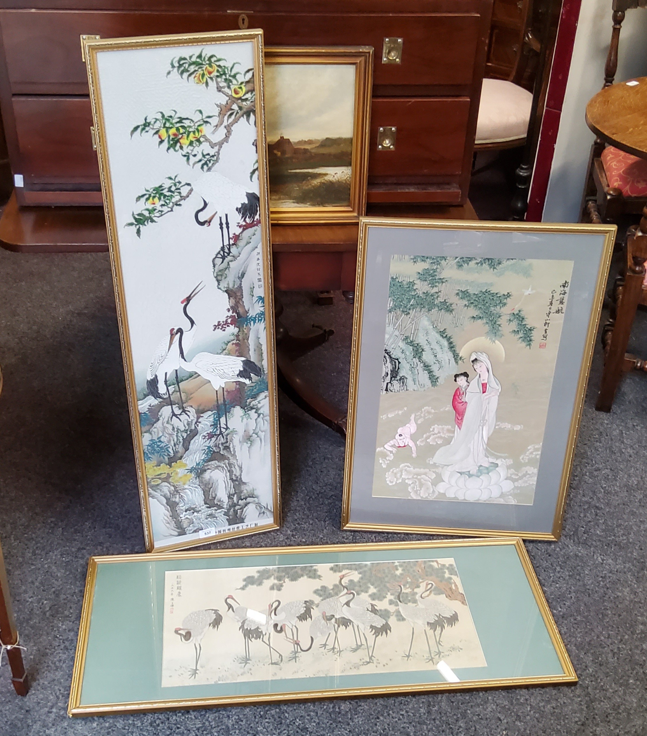 Chinese School, Cranes, an embroidery, 114cm x 30cm;  another, similar;  etc (3)