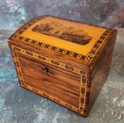 A 19th century Tunbridge Ware tea caddy, the cover inlaid with Windsor Castle, banded borders, 10.