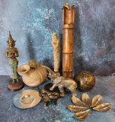 A bamboo and copper Ikebaba vase;  a copper Thai deity;  a metal elephant;  another;  a carved