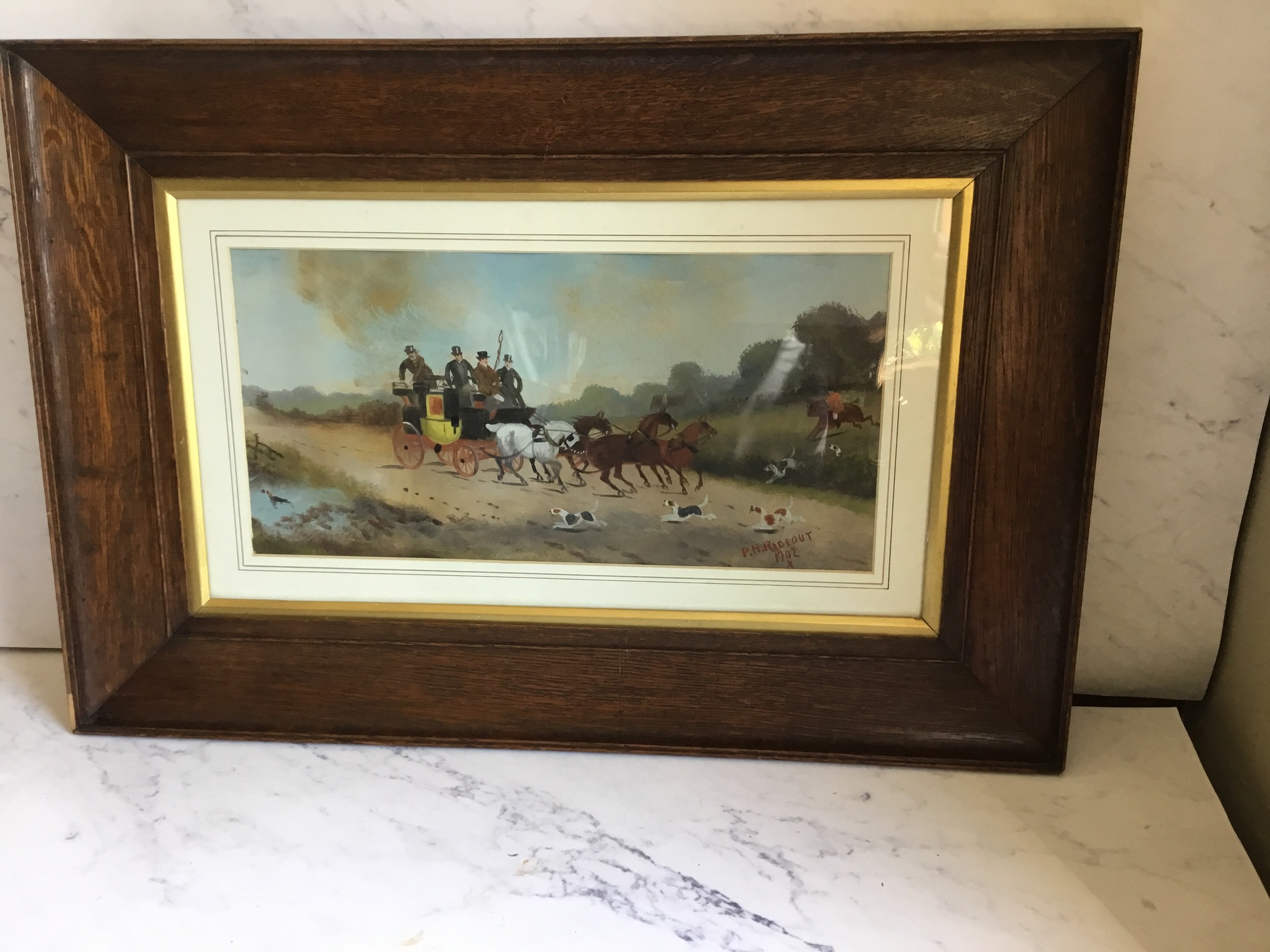 Philip H. Rideout, Coach and Four and Unstoppable hounds, signed, dated 1902, gouache, 19cm x 38.5cm