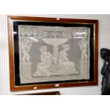 An early 20th century German crochet panel, of a classical scene, 57cm x 76cm, framed