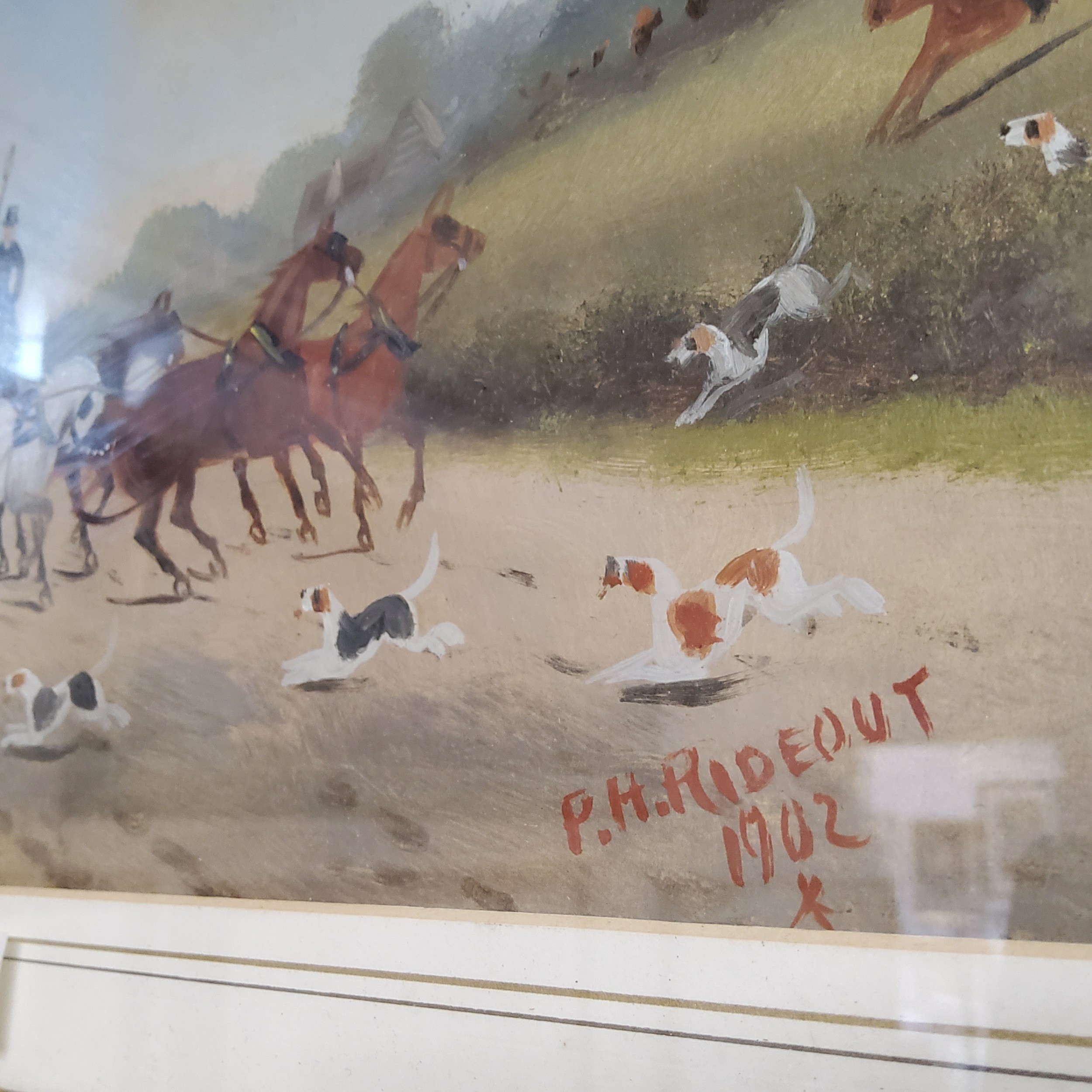 Philip H. Rideout, Coach and Four and Unstoppable hounds, signed, dated 1902, gouache, 19cm x 38.5cm - Image 5 of 5