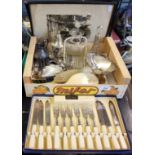 Plated Ware - sweetmeat basket, cruet set, toast rack, EPBM milk jug, basket;  fish knives and