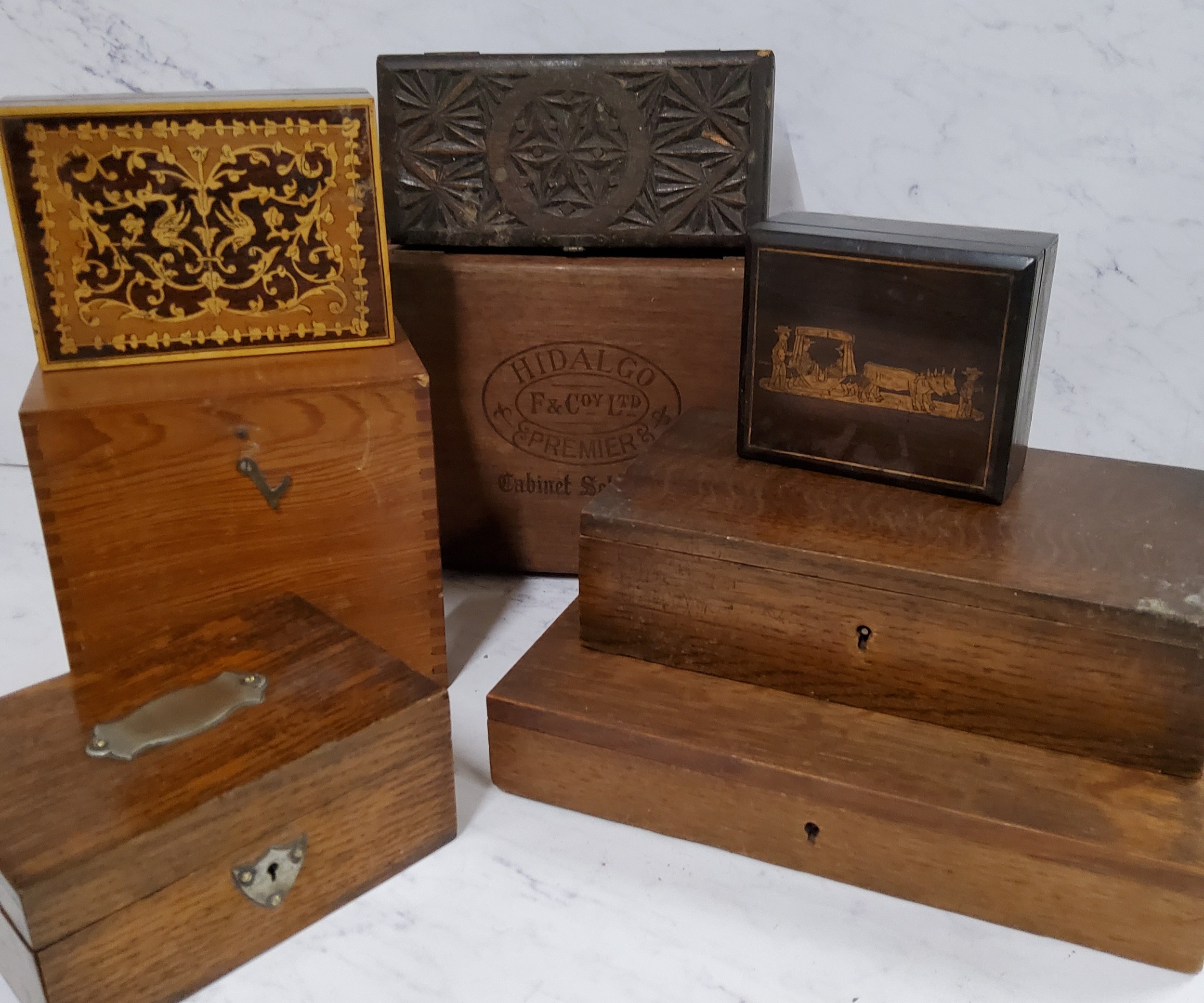 An oak rectangular jewellery box, silver cartouche and escutcheon, 14.5cm wide, c.1920;  an