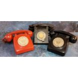 A GPO 746 telephone, red, clear rotary dial c.1980s; another black; a scratch built wooden telephone