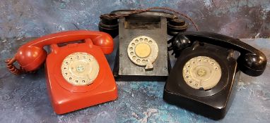A GPO 746 telephone, red, clear rotary dial c.1980s; another black; a scratch built wooden telephone