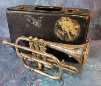 An English Besson Westminster cornet, mother of pearl inlaid valves, original fitted case