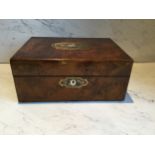 A Victorian walnut and marquetry rectangular work box, the cover with  abalone and mother-of-pearl