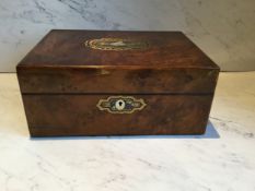 A Victorian walnut and marquetry rectangular work box, the cover with  abalone and mother-of-pearl
