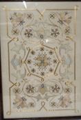 An early 20th century silk panel, embroidered with stylised flowers in coloured and gold thread,