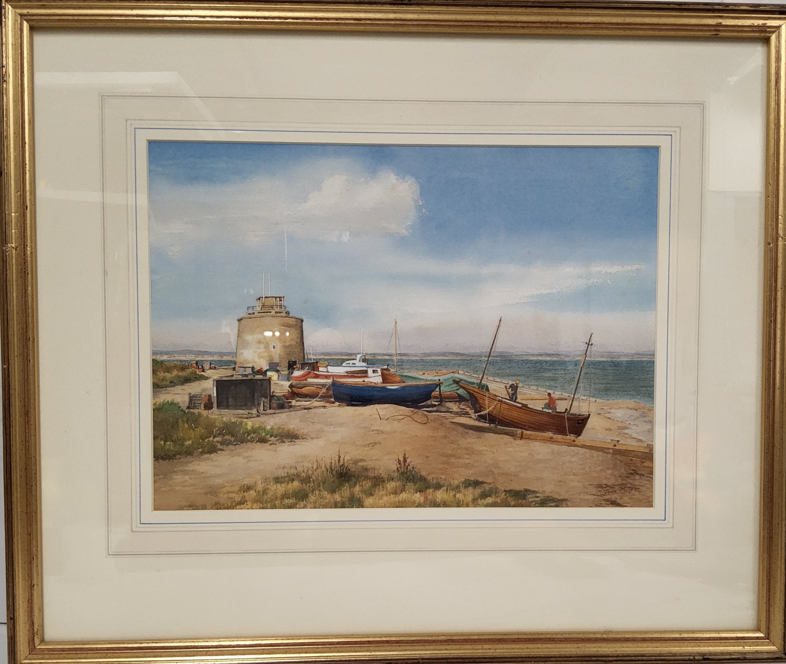 Joan Morgan, Martello Tower and Fishing Boats, signed, watercolour, 27cm x 36.5cm