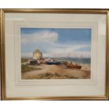 Joan Morgan, Martello Tower and Fishing Boats, signed, watercolour, 27cm x 36.5cm