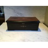 A 19th century Swiss rosewood and marquetry rectangular music box, the cover inlaid with a basket of