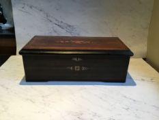 A 19th century Swiss rosewood and marquetry rectangular music box, the cover inlaid with a basket of