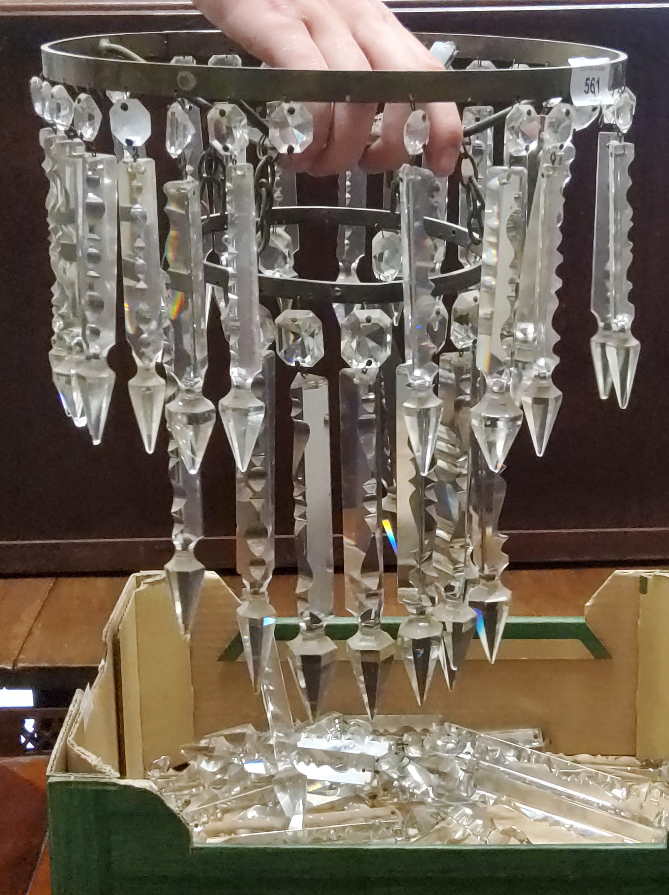 An early 20th century two tier glass lustre ceiling light, with prismatic cut droplets, 28cm diam