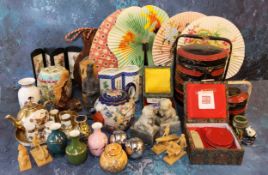 A Chinese three tier wedding basket; Famille Verte vase; miniature vases; gilded tea setting;