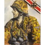 WWII interest - a gouche on canvas of a WWII German Paratrooper, signed & dated E. Else 1980,