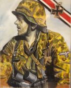 WWII interest - a gouche on canvas of a WWII German Paratrooper, signed & dated E. Else 1980,