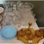 Glassware - two Sowerby glass basket weave plates, in turquoise, c.1870;   a set of six cut glass