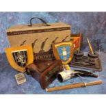A Bakelite pen stand; carde de visite viewer; armorial plaques; A Japanese knife and chopstick