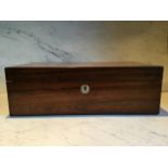 A Victorian rectangular rosewood writing box, mother-of-pearl tablet and escutcheon, velvet