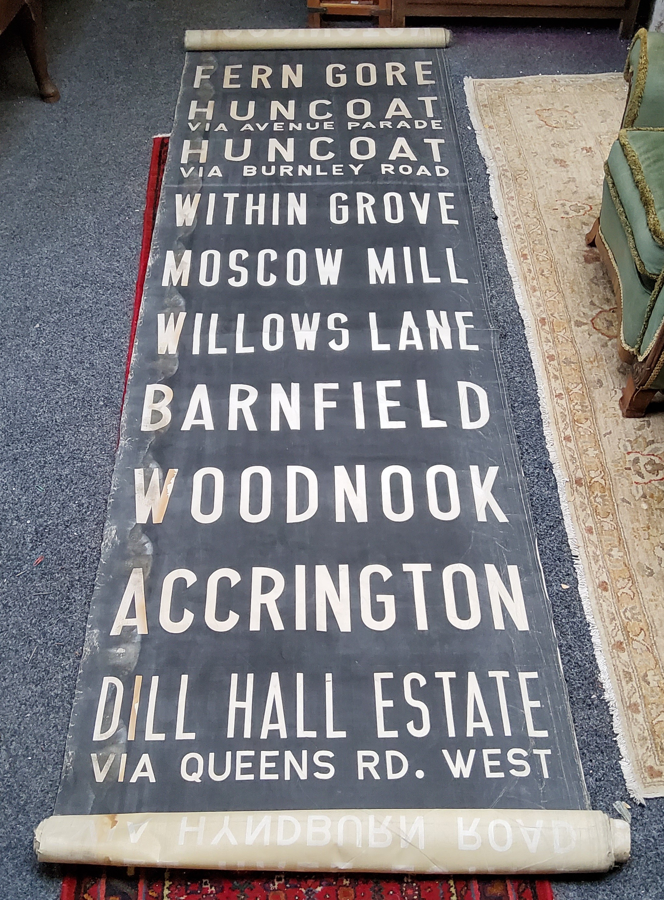 Lancashire - an early 20th century bus/tram destination blind, Accrington Corporation, Oswald via