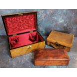 A Victorian walnut rectangular work box, bone lozenges, 25cm wide, c.1870'  a lady's leather case,