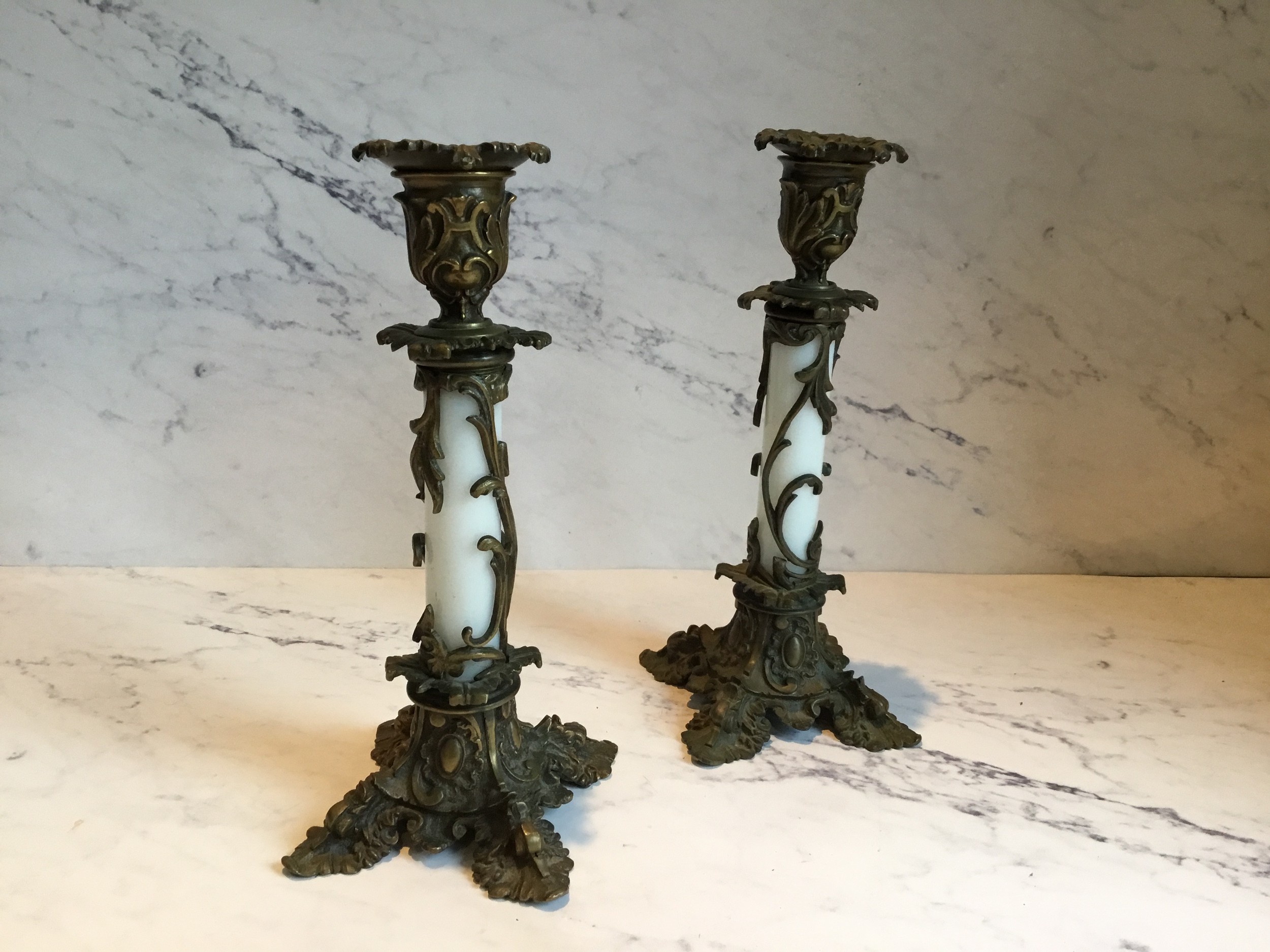 A pair of 19th century French bronze and opaque glass candlesticks, foliate cast sconces, white - Image 2 of 4