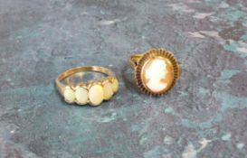 A 9ct gold ring set five graduated oval opals, size Q; a 9ct gold cameo ring, size Q, 7.7g gross (2)