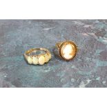 A 9ct gold ring set five graduated oval opals, size Q; a 9ct gold cameo ring, size Q, 7.7g gross (2)