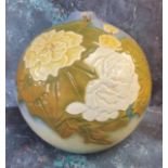 A large Japanese Ikebana ball vase, in relief with large chrysanthemums on a blue ground, 40cm high,