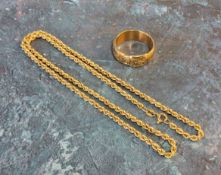 A 9ct gold buckle ring, size W; a 9ct gold 18" rope chain; 11.5g total