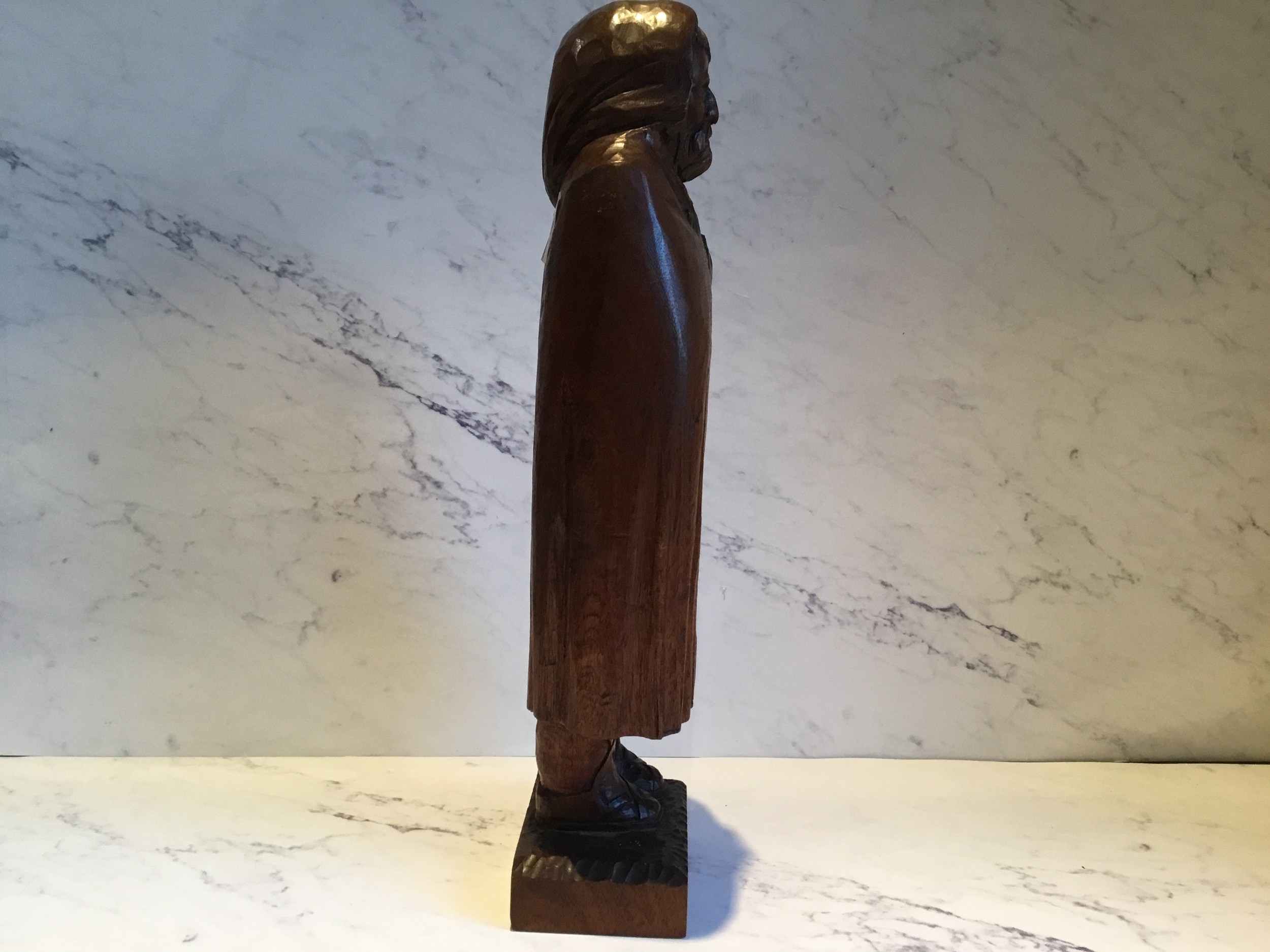 A 19th century hardwood carving, of a bearded man, wearing a hood cloak, 41cm high, c.1880 - Image 2 of 4
