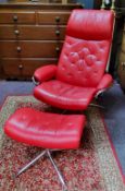 An Ekornes Stressless Metro recliner chair and footstool, in button backed batick chilli red