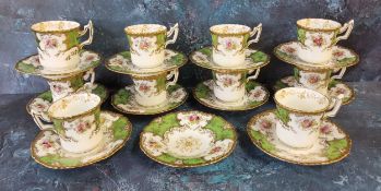 A Coalport coffee service, for ten, printed and painted with flowers, apple green border, picked out