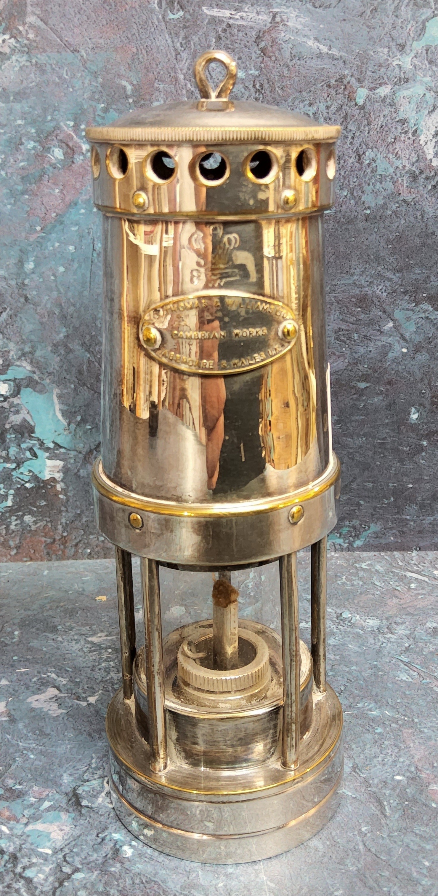 A silver plated Thomas and Williams miner's lamp, 16cm high