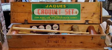 A Jacques croquet set in original wooden carry case, with balls, loops and mallets