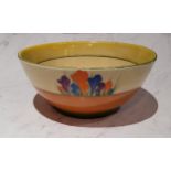 A Clarice Cliff Crocus pattern bowl, typically painted with flowers, banded in tan and green, 18.5cm