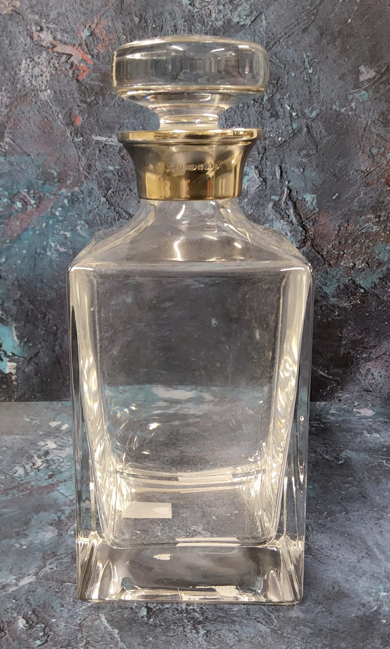 A silver mounted whisky square decanter, circular flat top stopper, James Dixon & Sons,