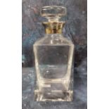 A silver mounted whisky square decanter, circular flat top stopper, James Dixon & Sons,