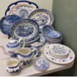 Blue and White - a large Turkey meat plate;  a set of six and one larger English landscape