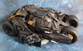 A Mould King Lego style Super Heroes Batman Tumbler, built, complete with stand; not checked for
