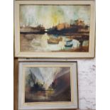 Frank Douglas (1907-1975) Moored boats, signed, oil on board, inscribed verso, 60cm x 90cm;